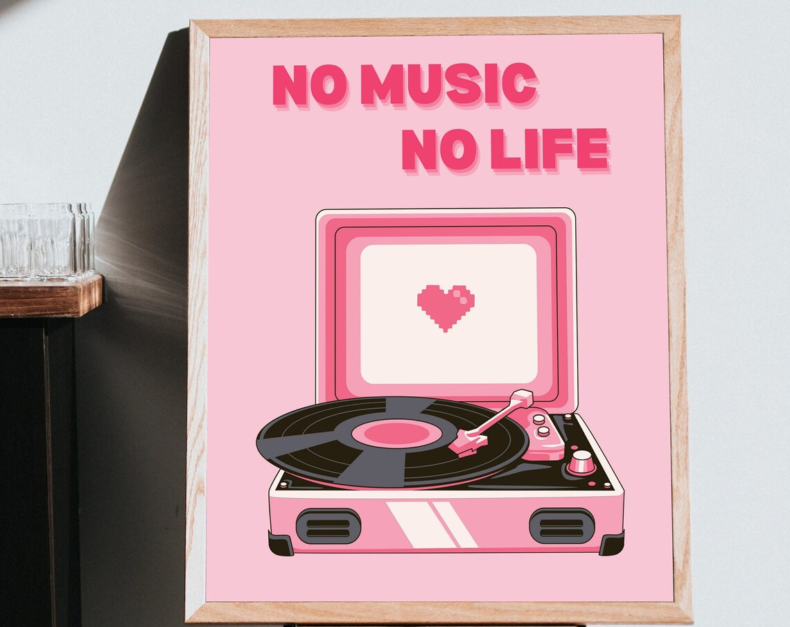 No Music No Life Pink Turntable Pixel Heart Y2K Trendy Art Poster