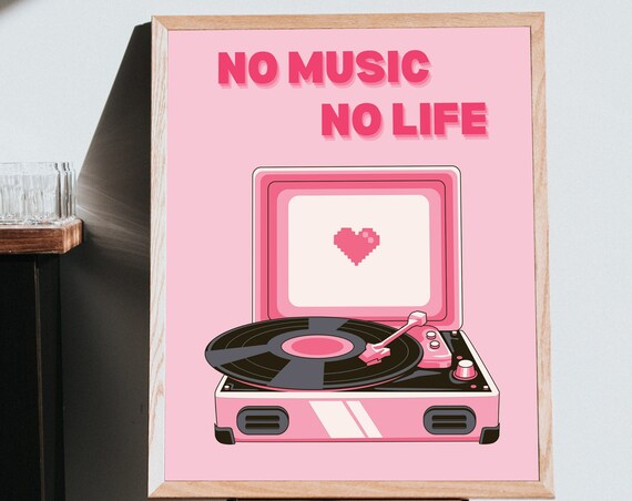 No Music No Life Pink Turntable Pixel Heart Y2K Trendy Art Poster