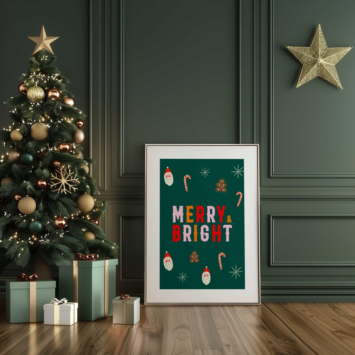 Merry And Bright Festive Lettering Dark Green Christmas Poster - Image 3