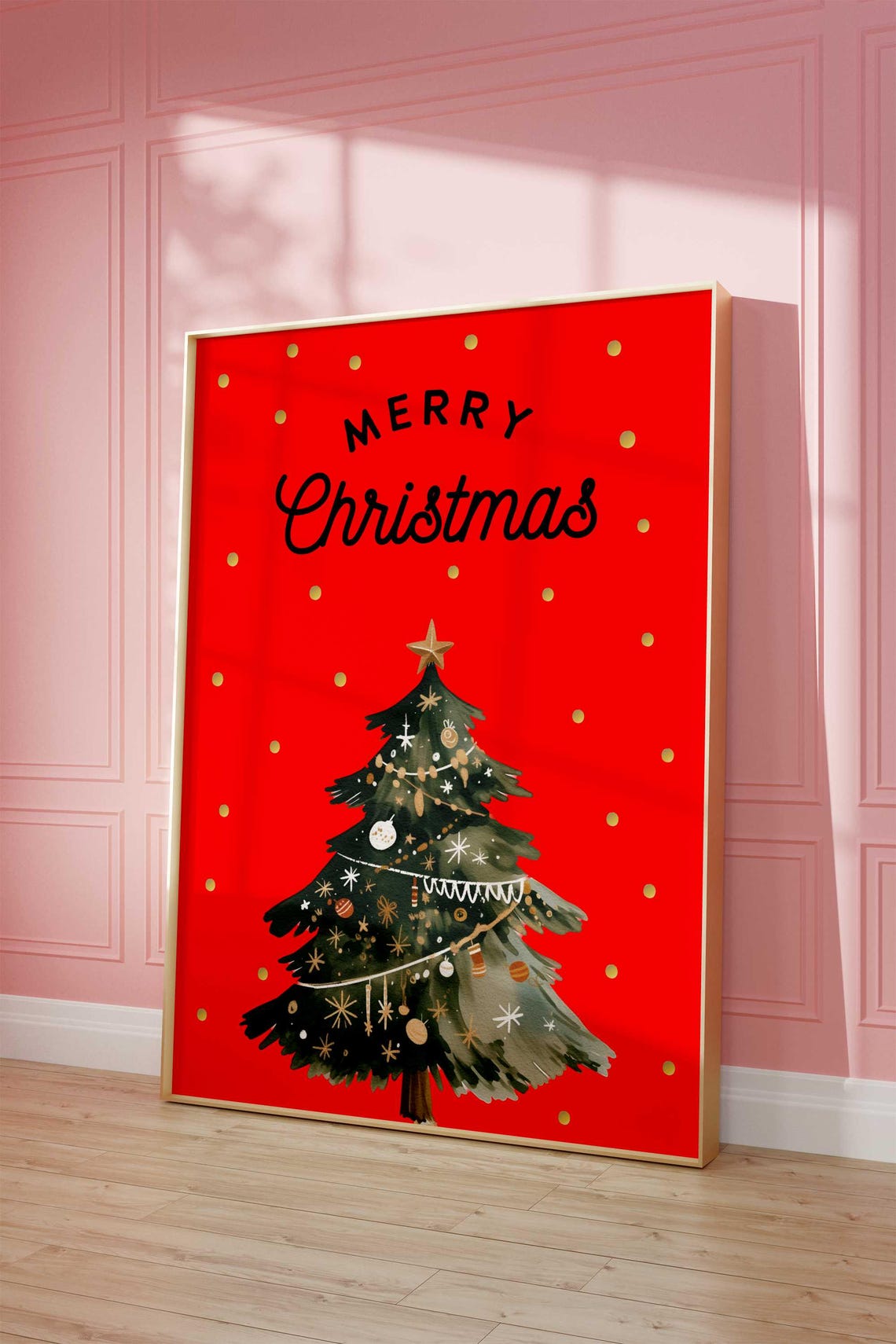 Black Merry Christmas Script Red Watercolor Tree Holiday Poster - Image 3