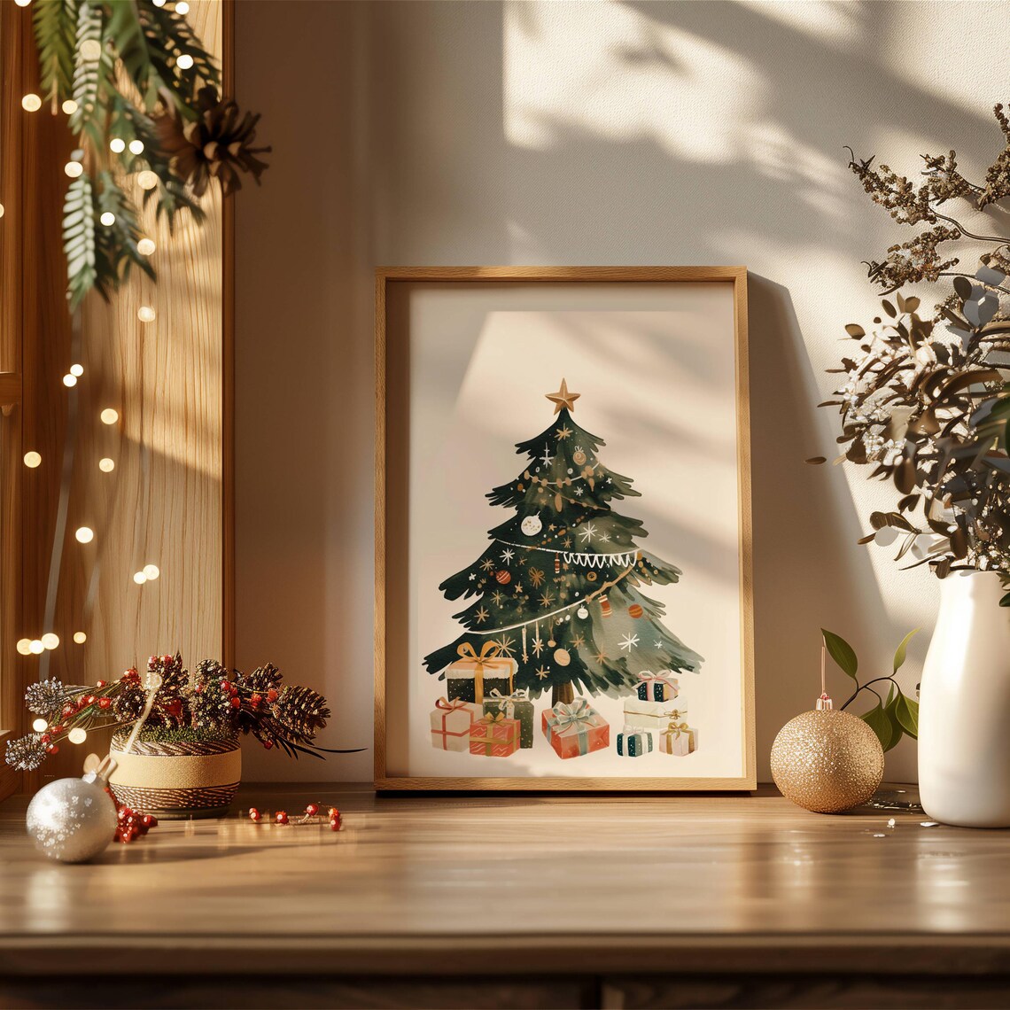 Cozy Watercolor Christmas Tree With Gifts Neutral Holiday Poster - Image 3