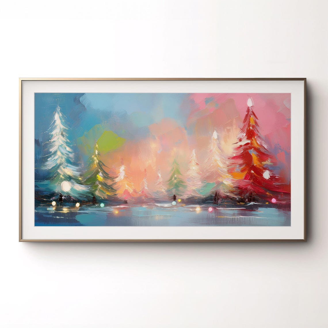 Colorful Abstract Christmas Trees Pink Sky String Lights Poster - Image 3