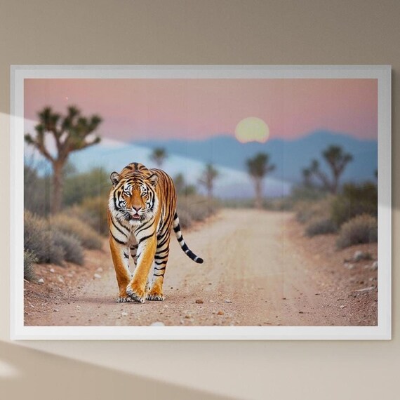 Tiger In Desert Print Safari Wildlife Wall Art Framed Fine Photography Exotic Animal Decor