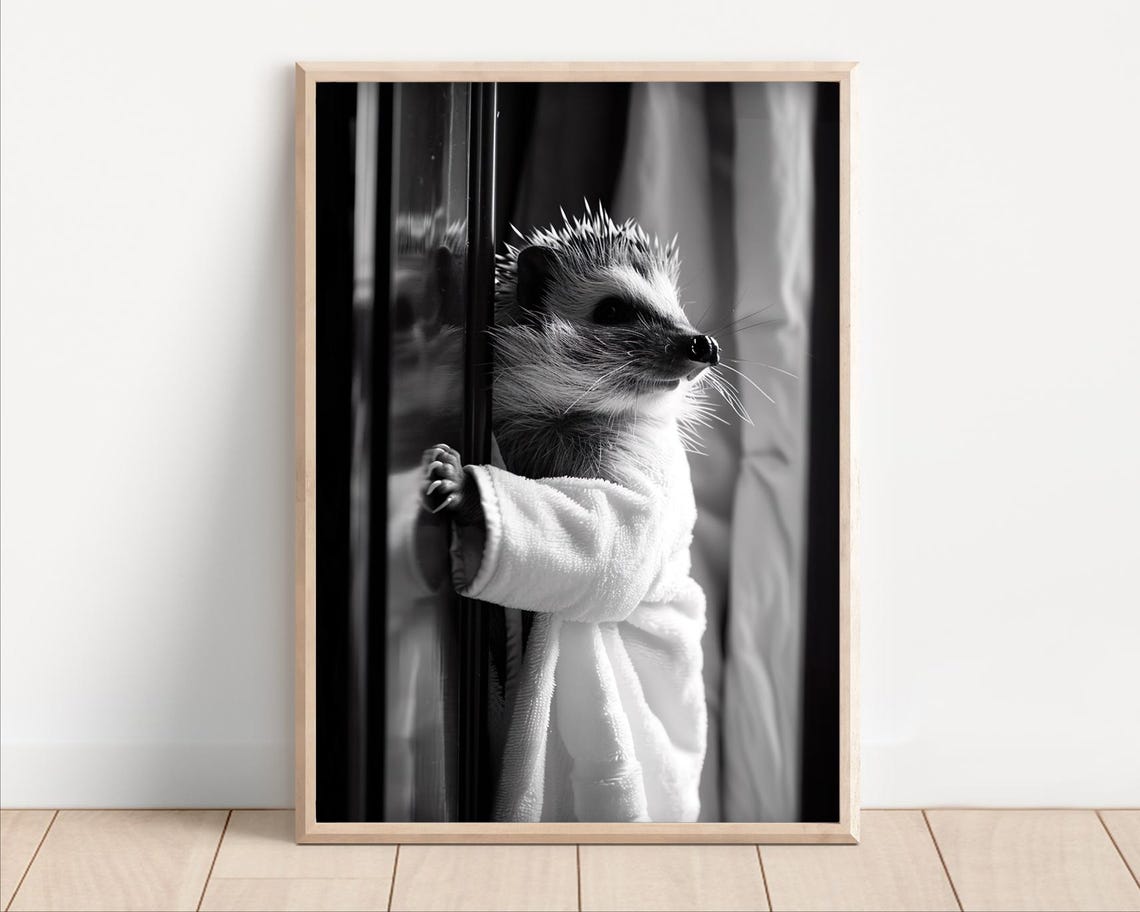 Hedgehog Wearing A Bathrobe Poster Canvas Funny Bathroom Wall Art Cute Animals In Kids Laundry Room Decor Print