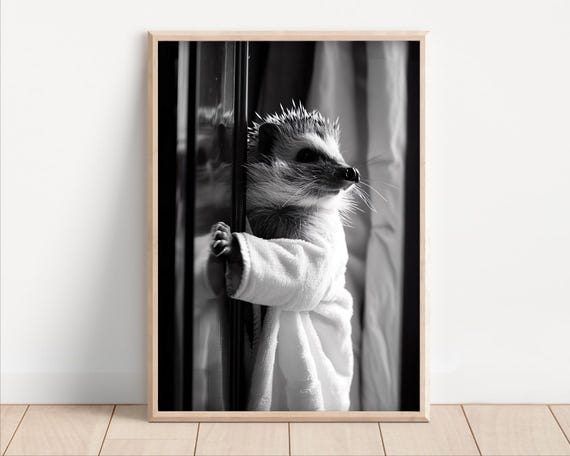 Hedgehog Wearing A Bathrobe Poster Canvas Funny Bathroom Wall Art Cute Animals In Kids Laundry Room Decor Print