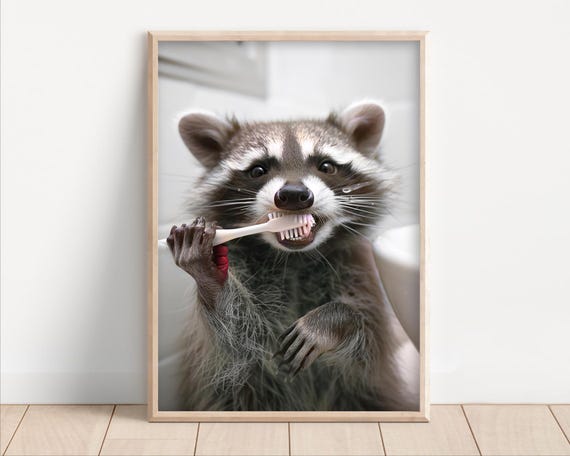 Funny Raccoon Brushing Teeth Bathroom Wall Art Poster Canvas Quirky Laundry Room Decor Dentist Animal Cute Print