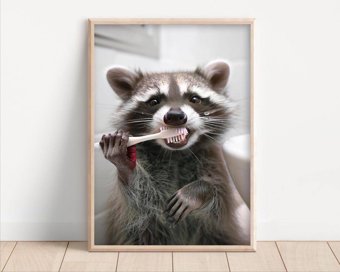 Funny Raccoon Brushing Teeth Bathroom Mirror Scene Art Poster