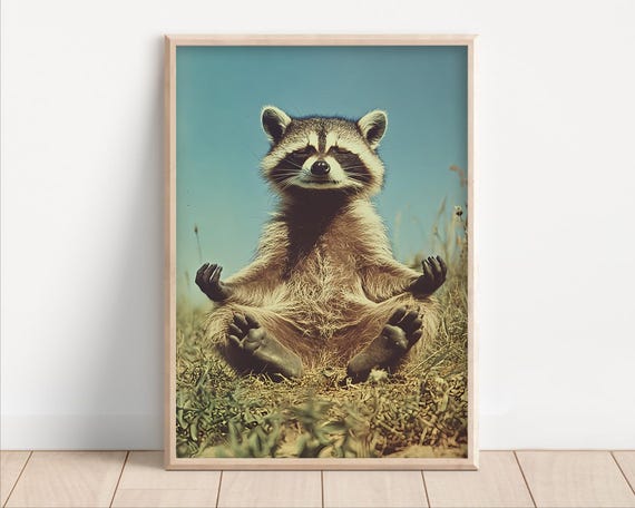 Yoga Raccoon Poster Or Canvas Funny Wall Art Meditation Cute Kids Nursery Room Decor Retro Zen Quirky Animal Humor Print