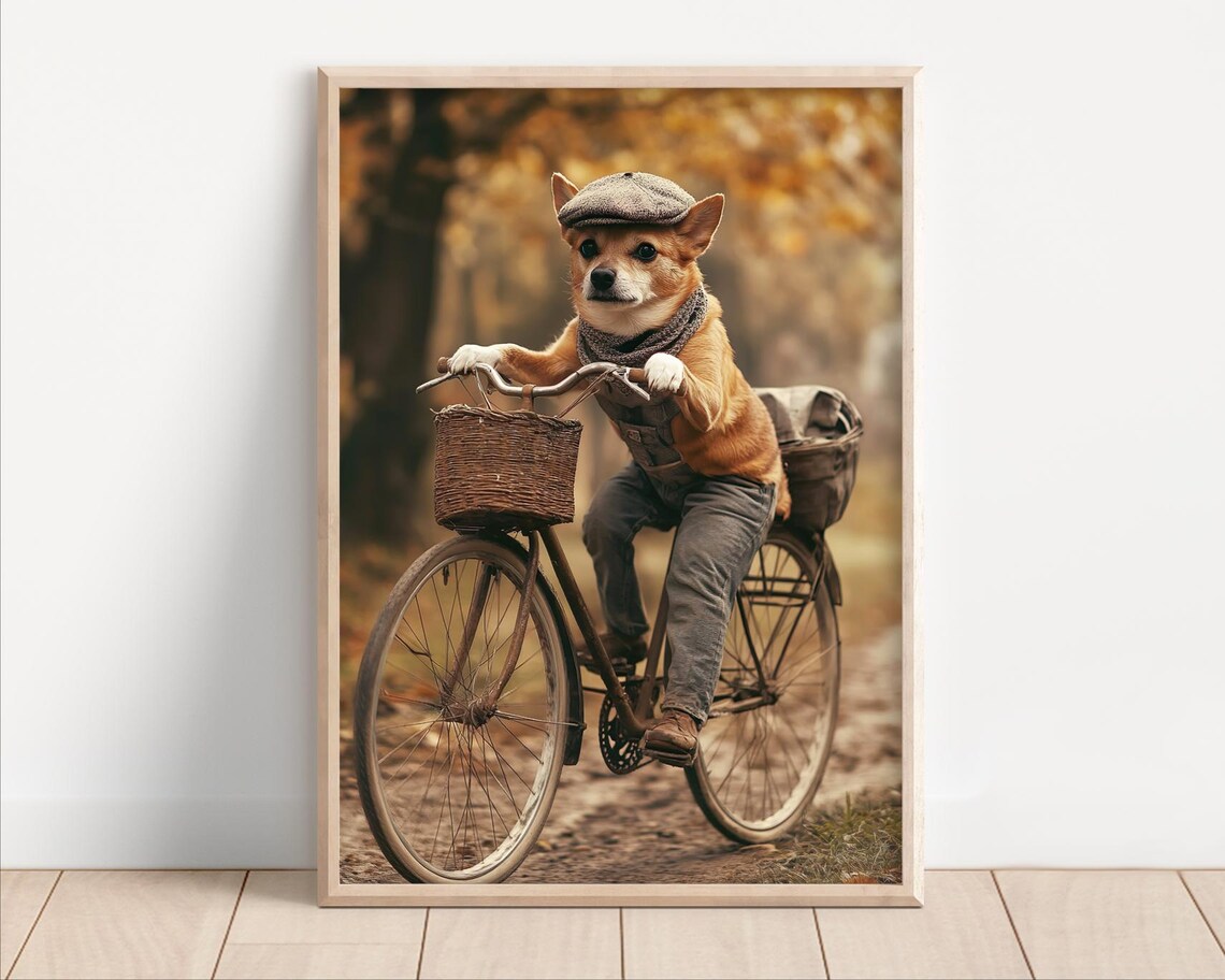 Corgi Riding Vintage Bicycle Autumn Road Sepia Funny Animal Poster