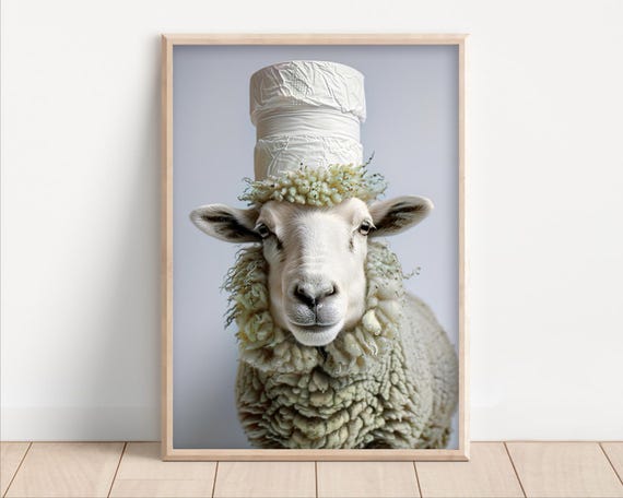 Funny Sheep With Toilet Paper Roll On Poster Or Canvas Quirky Bathroom Decor Hilarious Animal Wall Art Cute Photo Print