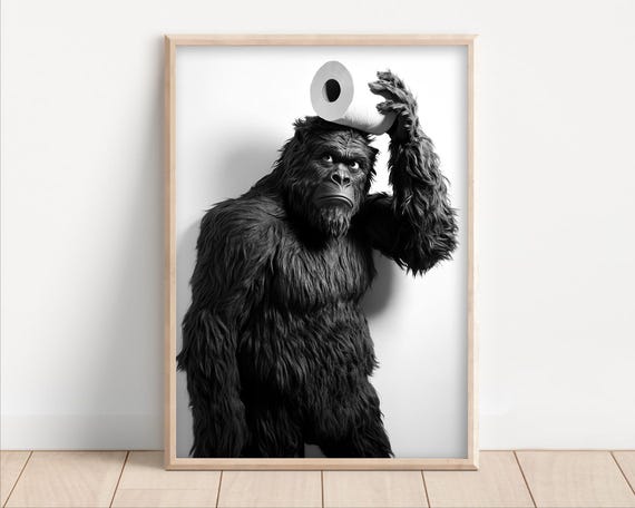 Sasquatch With Toilet Paper On Poster Canvas Funny Bathroom Wall Art Kids Laundry Room Decor Animal Humor Photo Cute Bigfoot Print