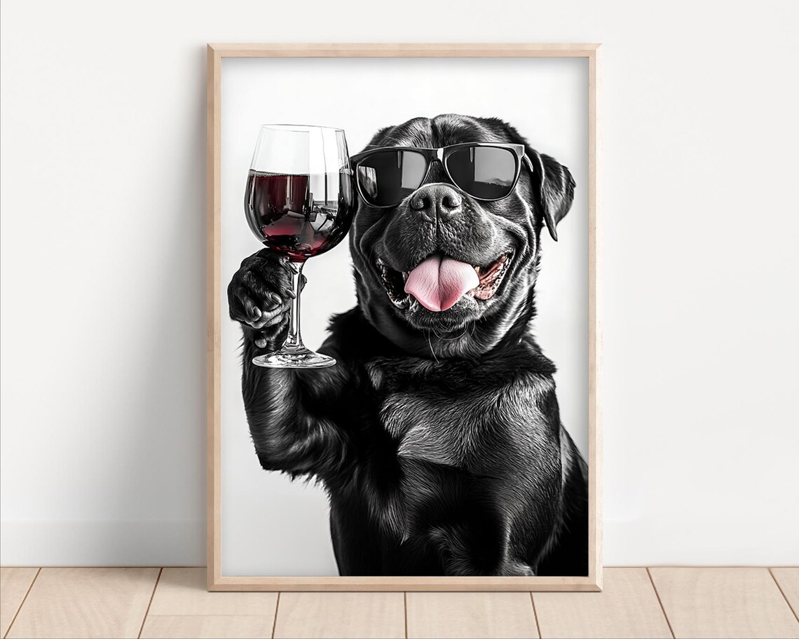 Rottweiler Dog Drinking Wine Humor Art Print