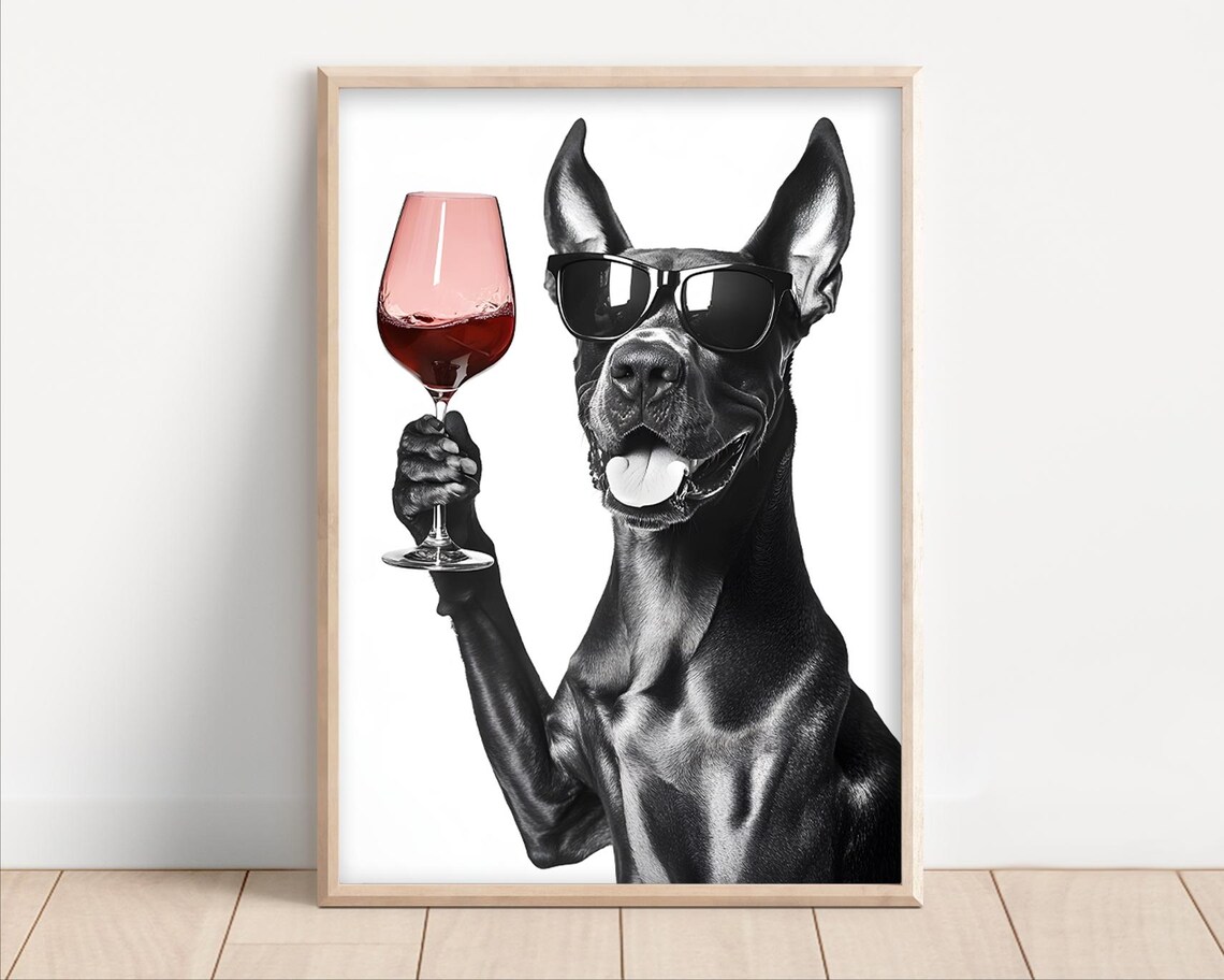Great Dane Dog Drinking Wine Wearing Sunglasses Poster Or Canvas Lover Decor Funny Kitchen Wall Art Humor Dining Room