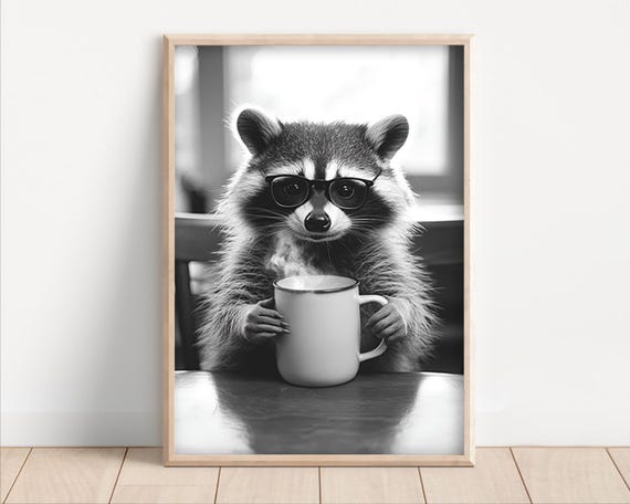 Raccoon Drinking Coffee Funny Kitchen Art Print