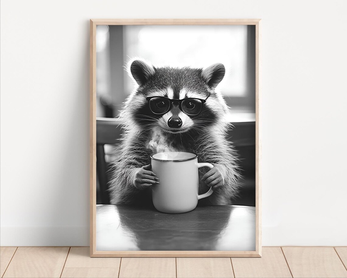 Raccoon Drinking Coffee Funny Kitchen Art Print