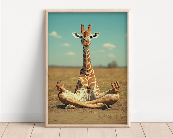 Meditating Giraffe Zen Yoga Funny Retro Savanna Wildlife Wall Art