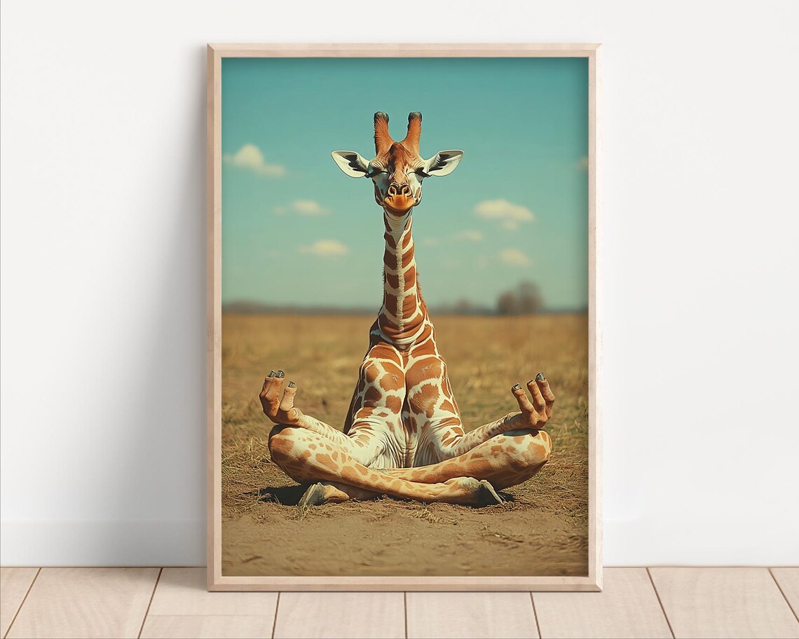 Meditating Giraffe Zen Yoga Funny Retro Savanna Wildlife Wall Art