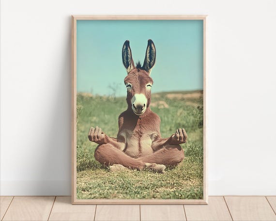 Yoga Donkey Poster Or Canvas Funny Wall Art Meditation Cute Kids Nursery Room Decor Retro Zen Quirky Animal Humor Print