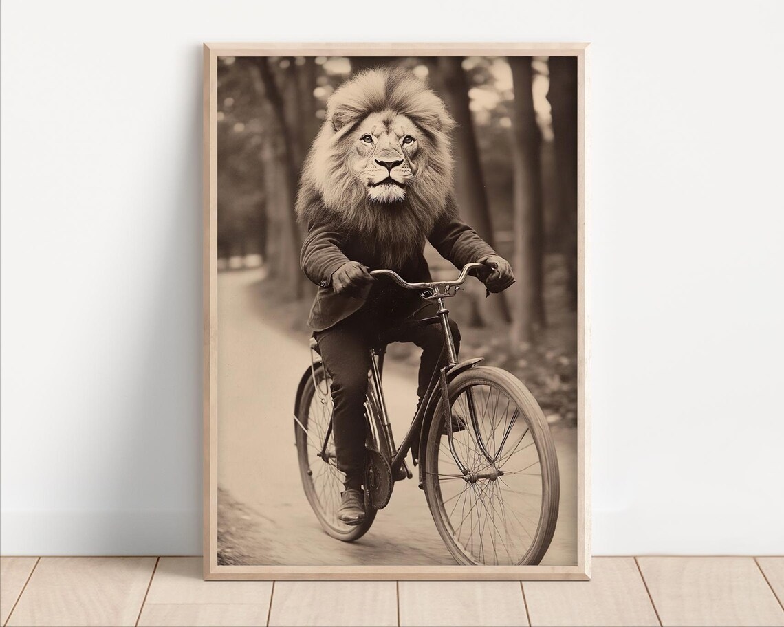 Lion Riding Bicycle Sepia Woodland Path Vintage Funny Animal Poster