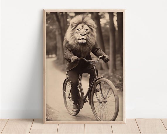 Lion Riding A Bike Poster Or Canvas Funny Animal Wall Art Retro Vintage Style Home Decor Cute Kids Nursery Room Print Quirky Humor