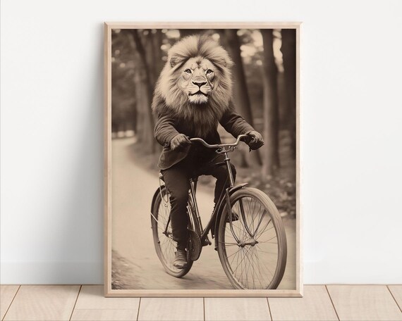 Lion Riding Bicycle Sepia Woodland Path Vintage Funny Animal Poster
