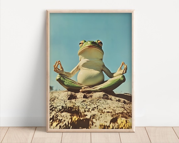 Cute Green Frog Meditating in Yoga Pose Retro Zen Nursery Art Poster