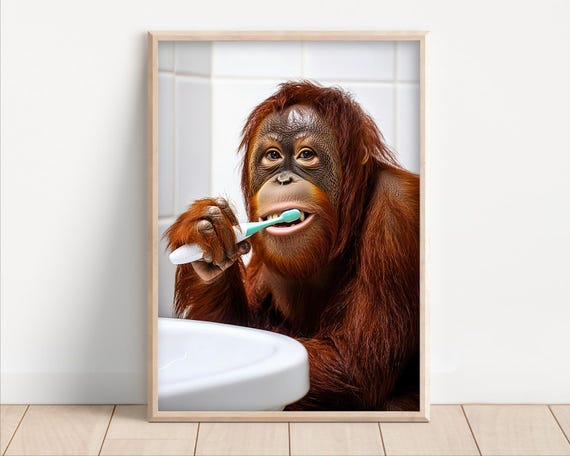 Orangutan Ape Brushing Teeth Poster Or Canvas Funny Bathroom Wall Art Kids Laundry Room Decor Quirky Animal Humor Photo Print