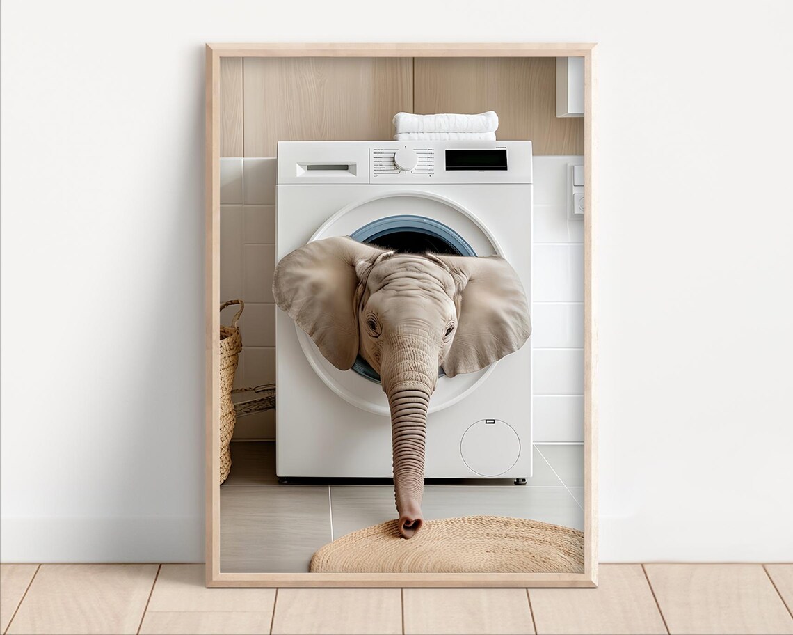 Baby Elephant In Washing Machine Funny Laundry Room Animal Poster