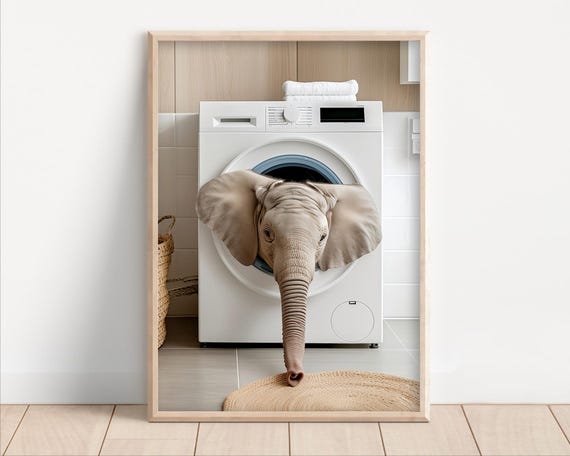Elephant In A Washing Machine Poster Or Canvas Funny Bathroom Wall Art Cute Laundry Room Decor Retro Animals Print