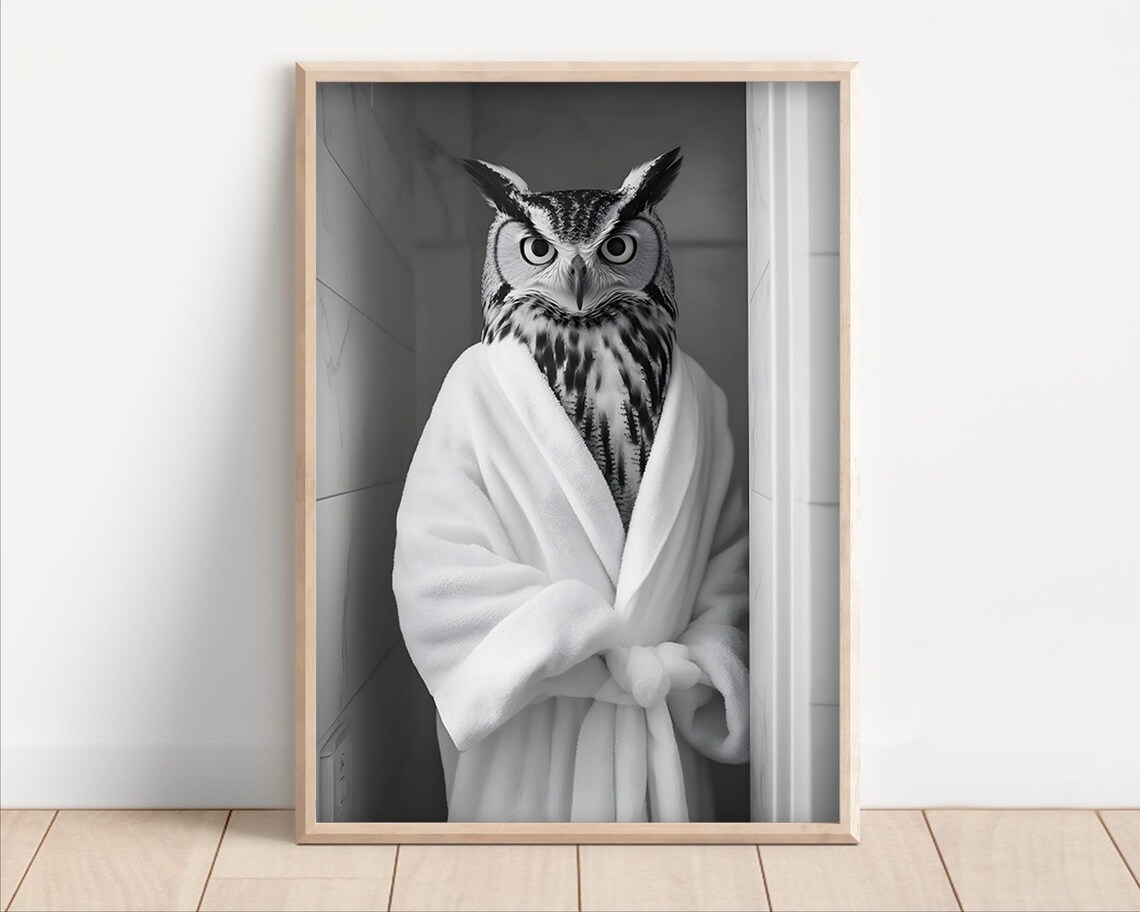 Owl Wearing A Bathrobe Poster Or Canvas Funny Bathroom Wall Art Animals In Cute Laundry Room Decor Print