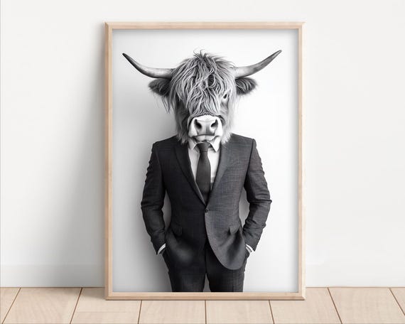 Highland Cow Wearing A Business Suit Funny Office Wall Art Print Animal Home Decor Success Humor Cute Retro Photo