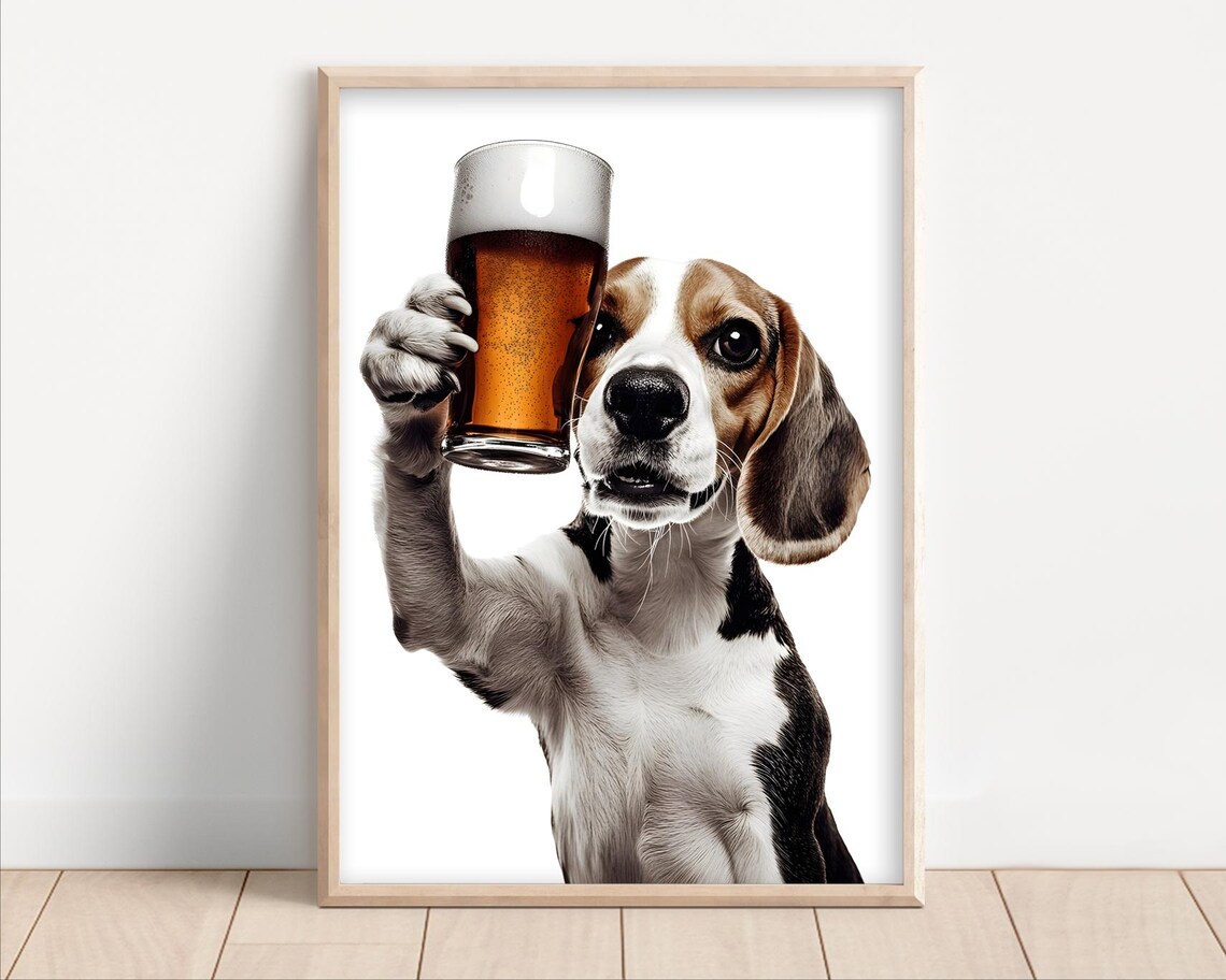 Funny Cheerful Beagle Holding Amber Beer Glass Bar Art Poster