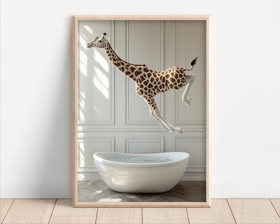 Giraffe Jumping Into Bathtub Poster Or Canvas Funny Bathroom Wall Art Decor Animals Taking A Bath Cute Print Animal