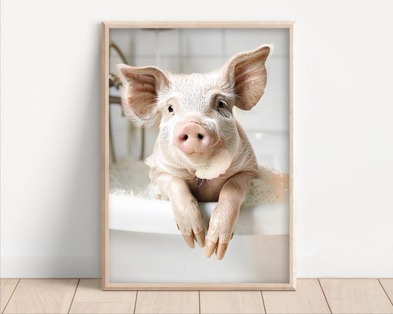 Funny Pig In Bubble Bath Wall Art Animals Bathtub Poster Or Canvas Quirky Laundry Room Decor Cute Kids Humor Print Home Spa