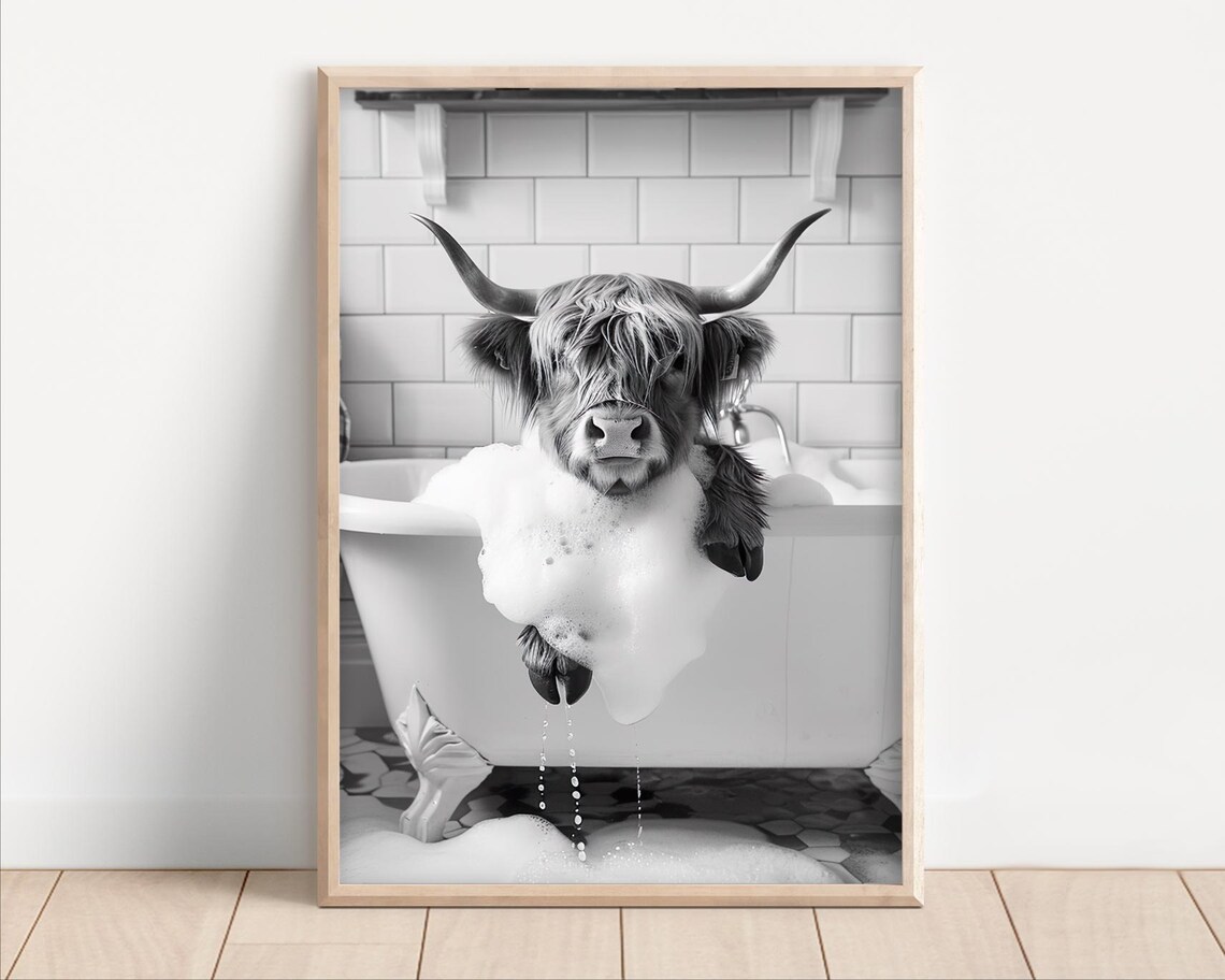 Highland Cow Taking A Bath, Vintage Retro Poster