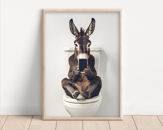 Donkey Sitting On The Toilet Watching Phone Poster Or Canvas Funny Bathroom Wall Art Decor Vintage Style Animal Print Humor