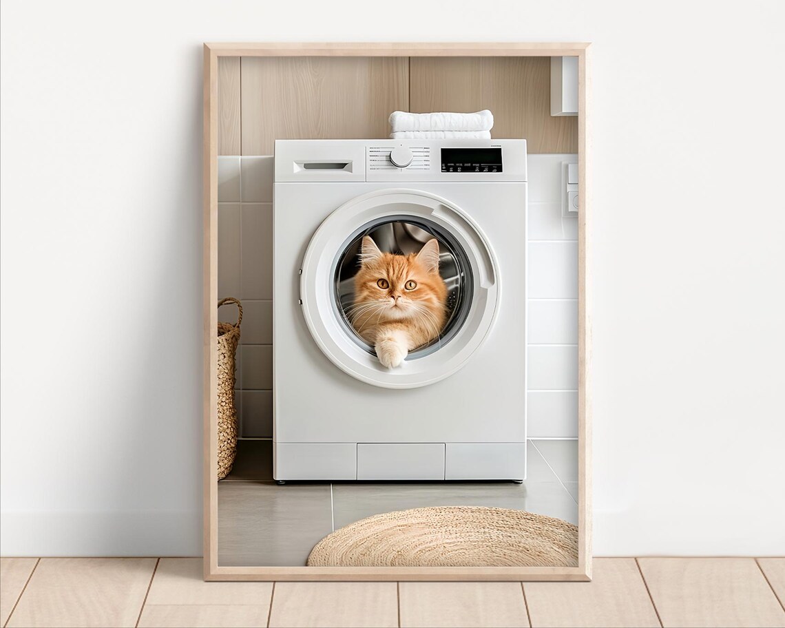 Cat In A Washing Machine Poster Or Canvas Funny Bathroom Wall Art Cute Laundry Room Decor Retro Animals Print