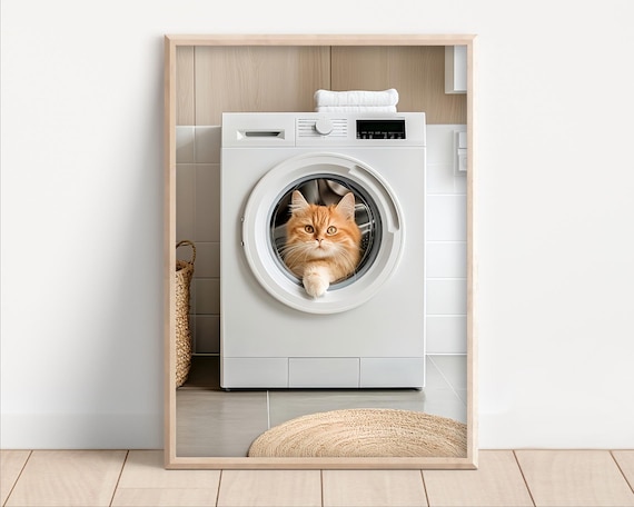 Ginger Cat In Washing Machine Funny Laundry Room Kitten Poster