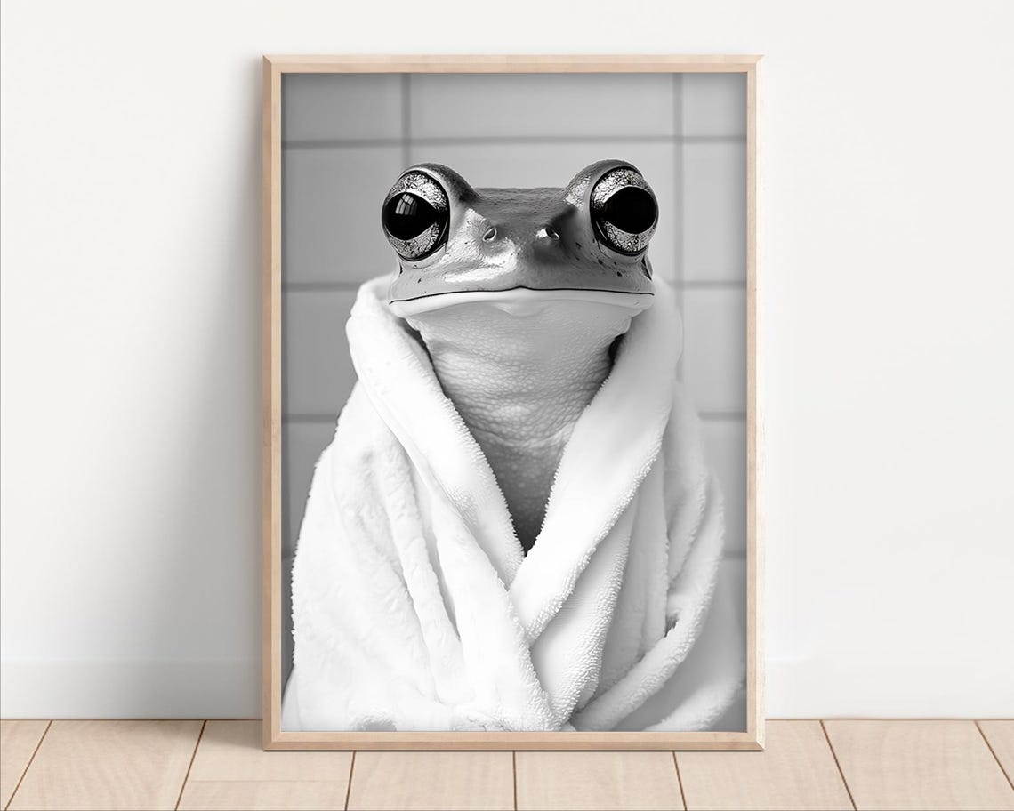 Cute Frog Wrapped in a White Bathrobe Black and White Bathroom Poster