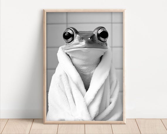 Frog Wearing A Bathrobe Poster Or Canvas Funny Bathroom Wall Art Animals In Cute Laundry Room Decor Print