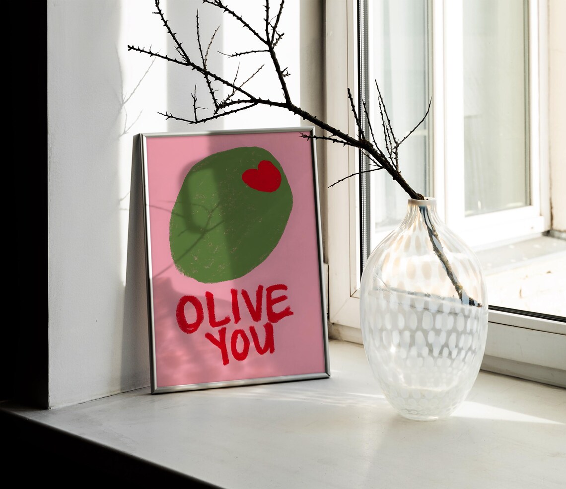 Olive You Giant Green Olive Pun Sweet Pink Romantic Love Poster - Image 2