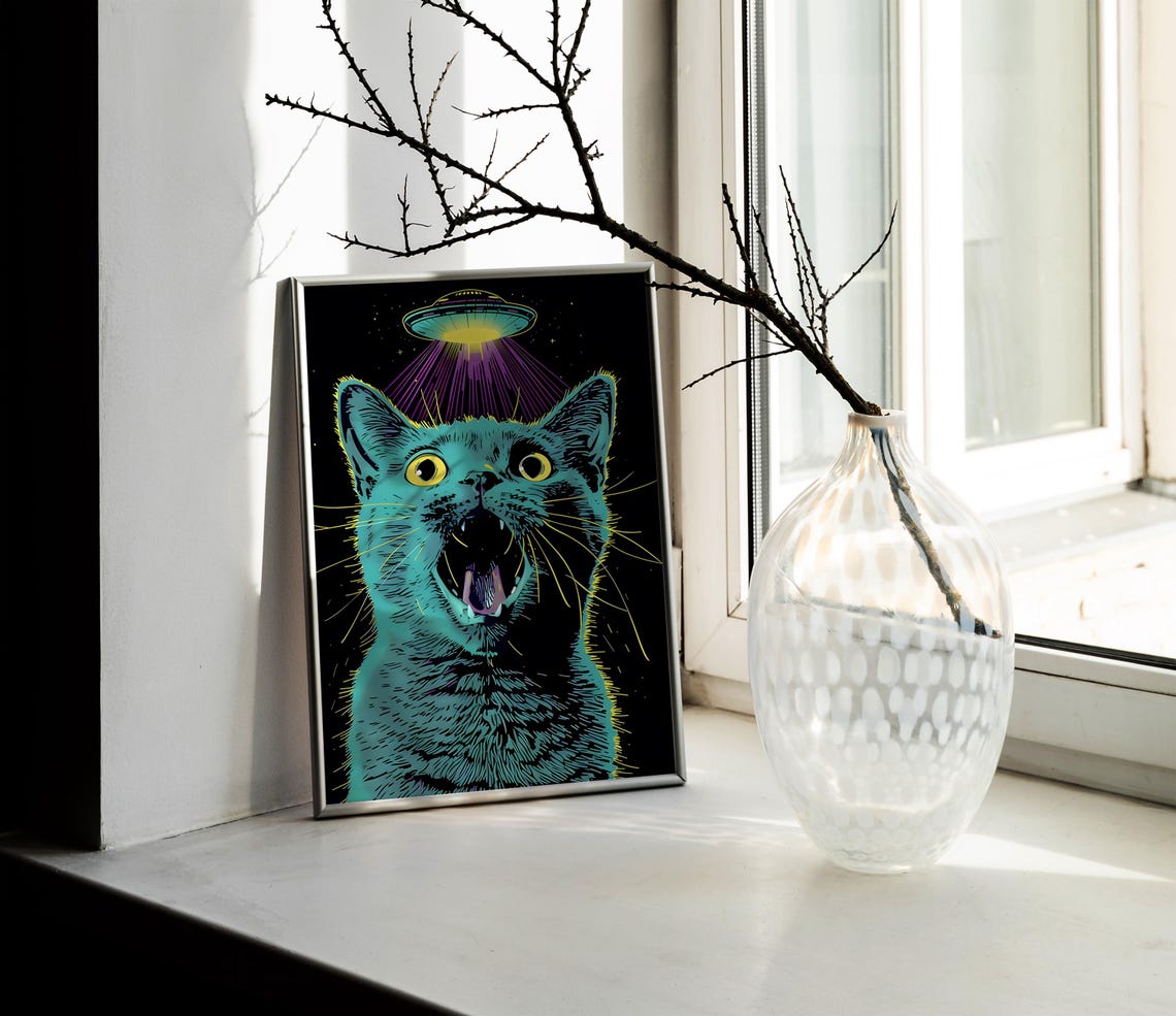 Cat UFO Tractor Beam Neon Blacklight Sci Fi Funny Animal Poster - Image 2