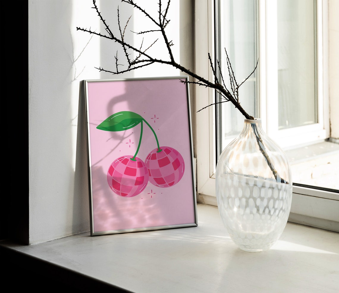 Pink Disco Mirrorball Cherries Sparkling Glam Cute Party Poster - Image 2