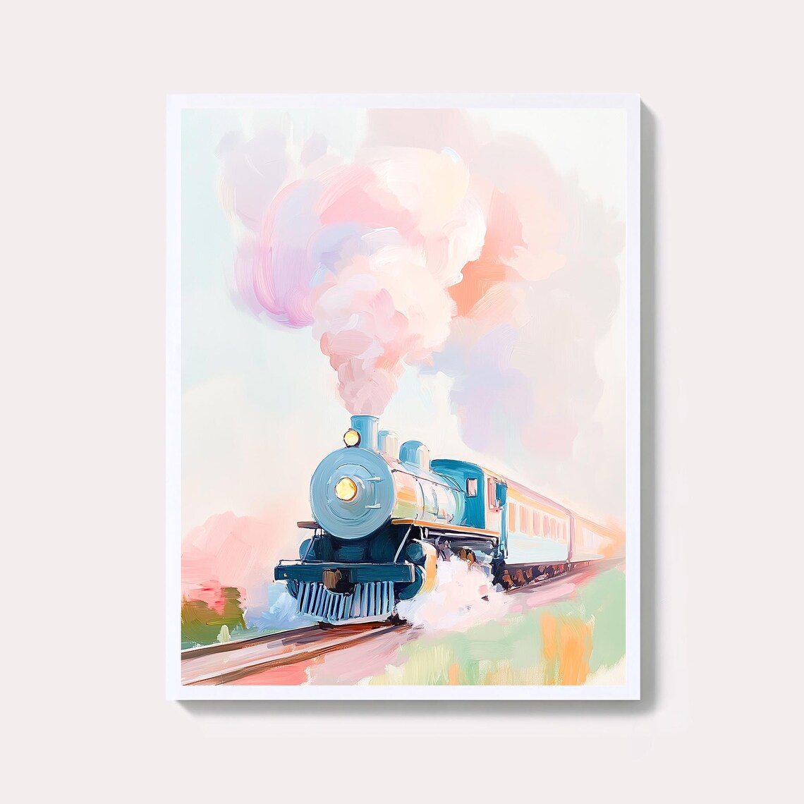 Pastel Watercolor Steam Train with Pink Smoke Railway Art Poster