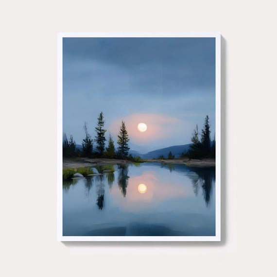 Moonlight Lake Painting Tranquil Night Sky Art Print