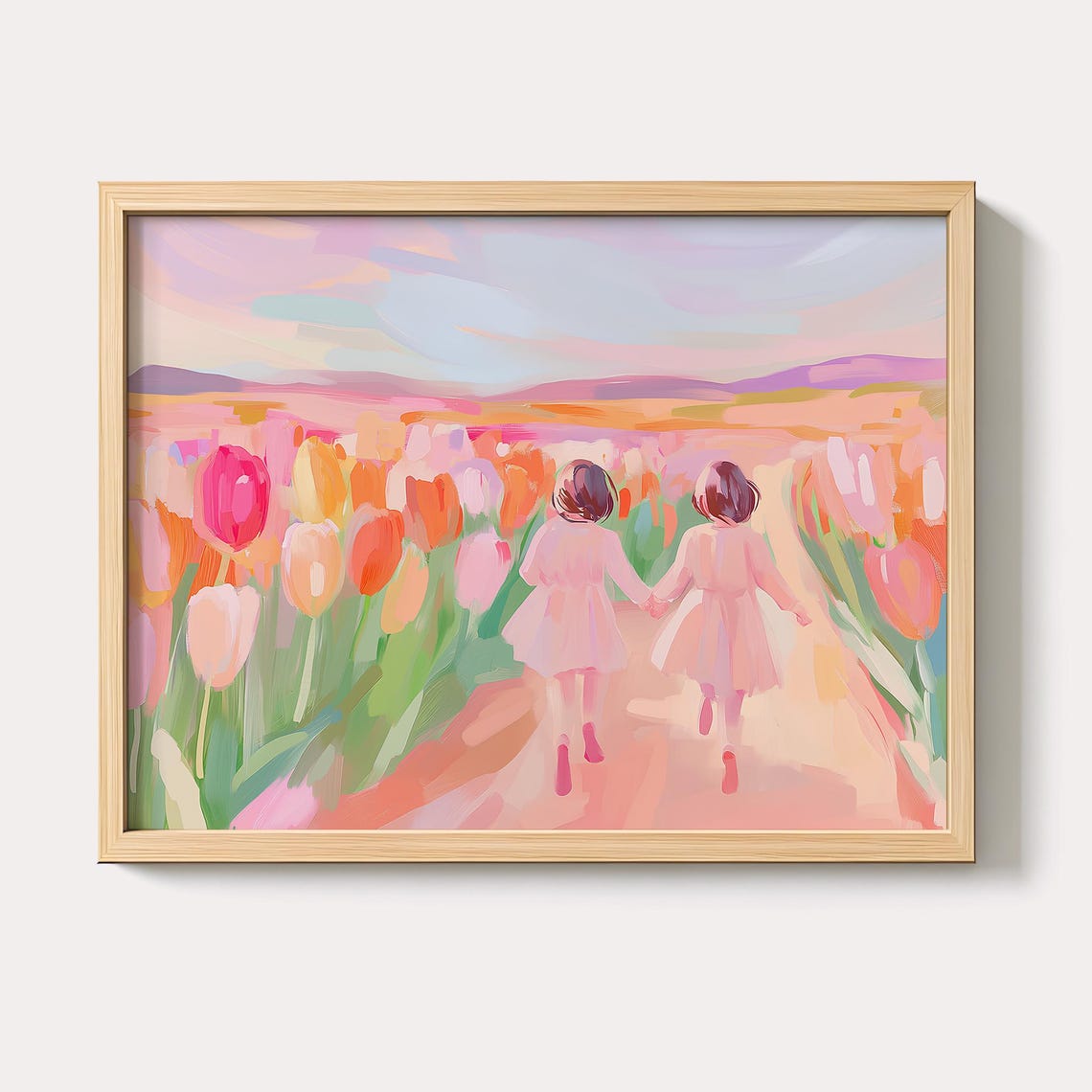 Two Girls Walking Through a Pastel Tulip Field Spring Poster