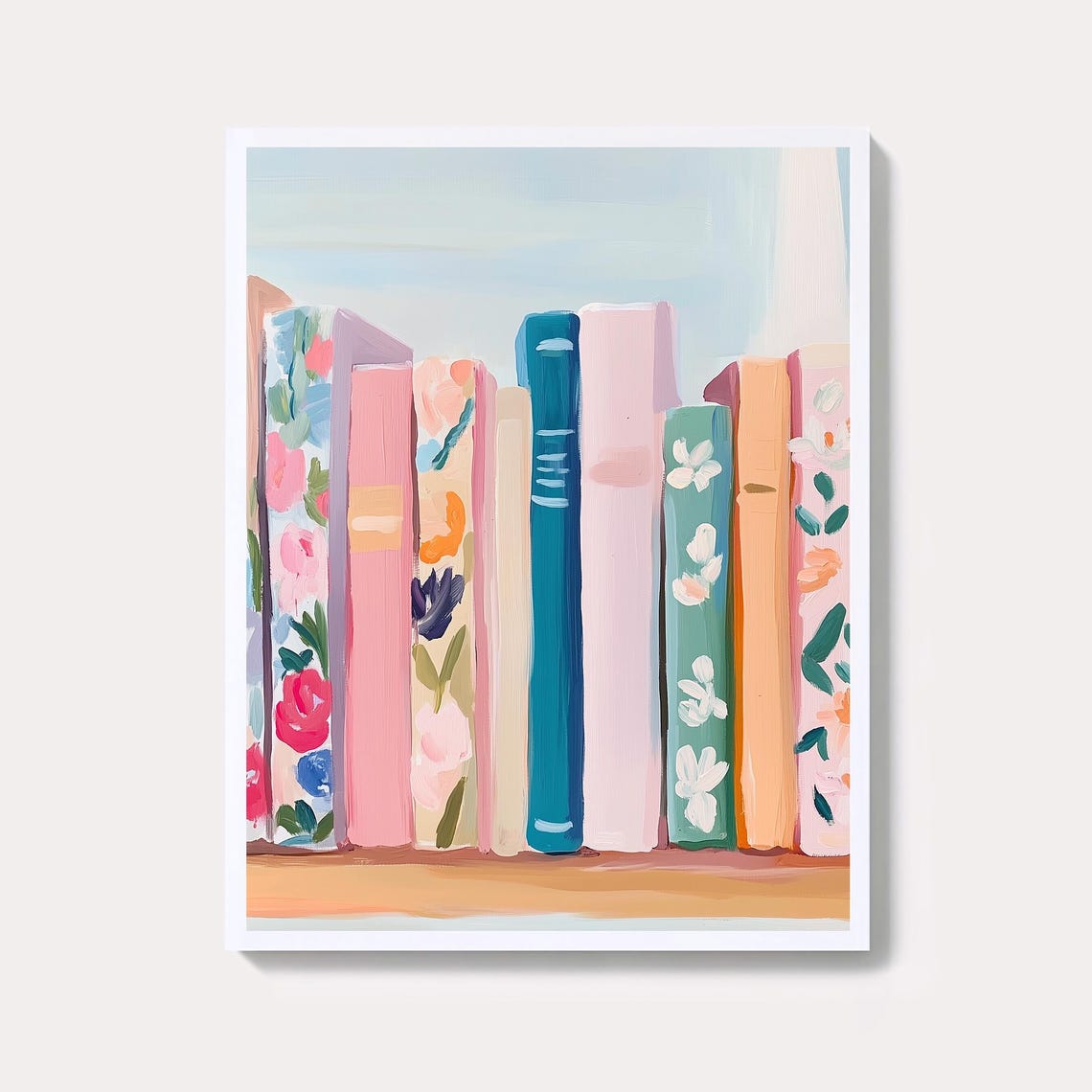 Pastel Floral Bookshelf Painting With Colorful Book Spines Poster