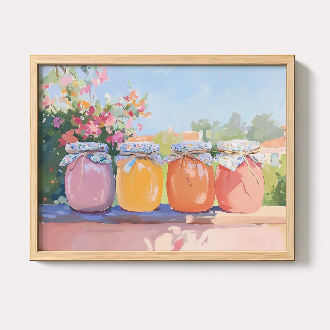 Four Colorful Homemade Jam Preserve Jars On Sunny Kitchen Ledge Poster