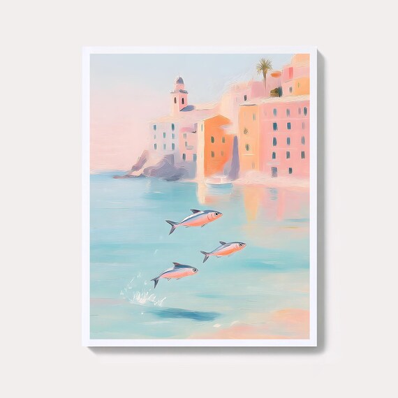 Jumping Fish By The Coastal Village Wall Art Whimsical Ocean Scene In Pastel Colors Seaside Painting