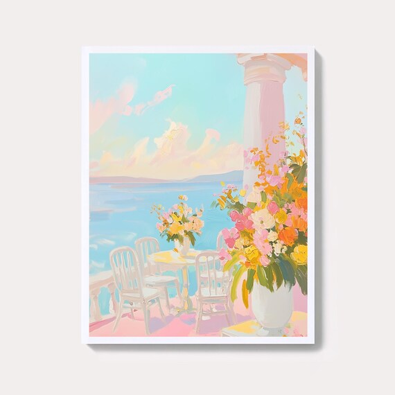 Seaside Cafe Terrace Pastel Coastal Scene With Flowers Wall Art